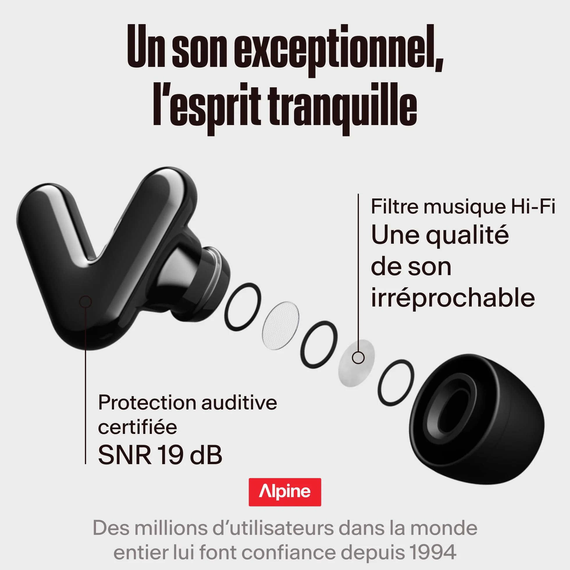 Alpine Tune Bouchons d'Oreilles Protection Auditive 19dB Certifiée Haute Fidélité 4 Tailles Noir
