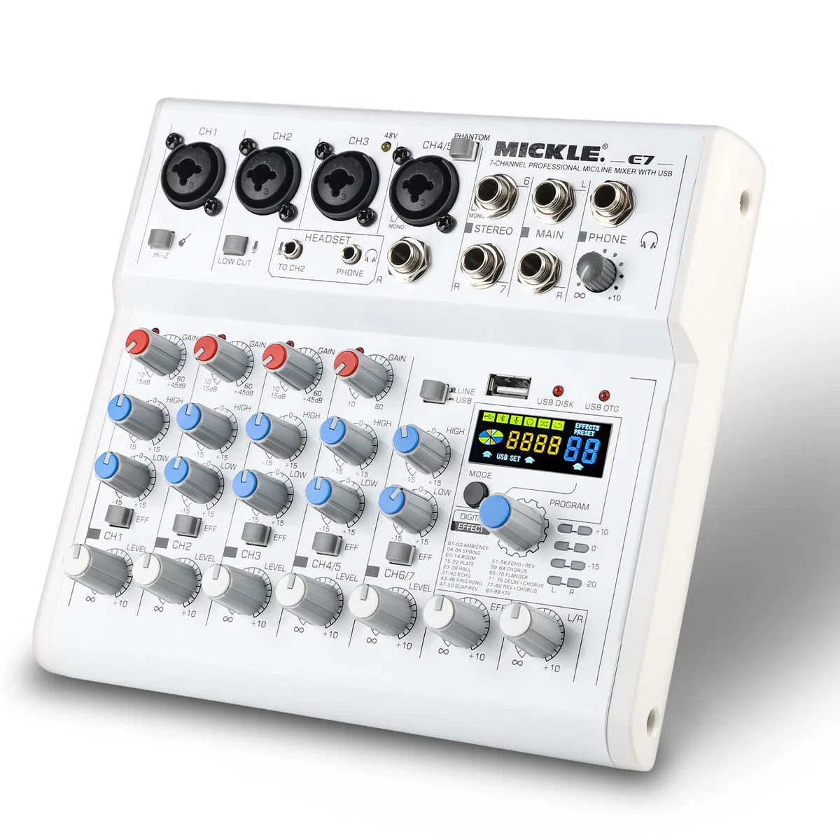 Table de Mixage Audio Console de Mixage Compacte, 7 Canaux Console Son Mixeur Audio DJ Avec 88 Effets DSP Intégrés Et Alimentation Fantôme 48V Partageable Bluetooth ou MP3 avec Interface USB Audio