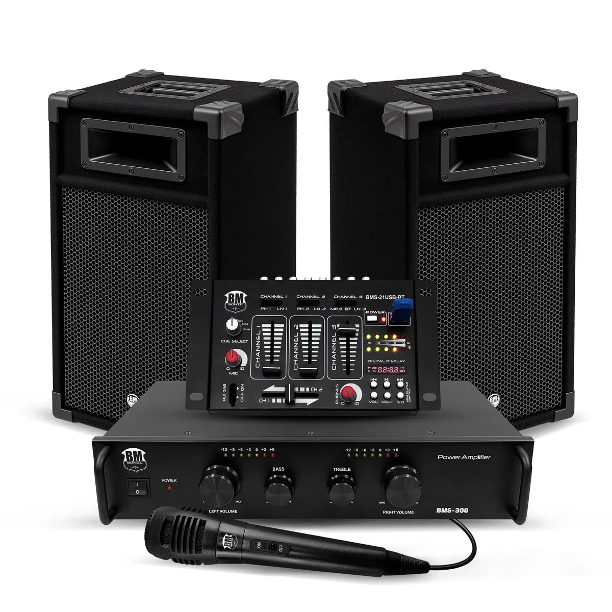 Kit Sonorisation 300W Bm Sonic BMS-DJ300-USB-BT Initiation DJ Enceintes Ampli Table de Mixage Bluetooth USB, Microphone Câblages
