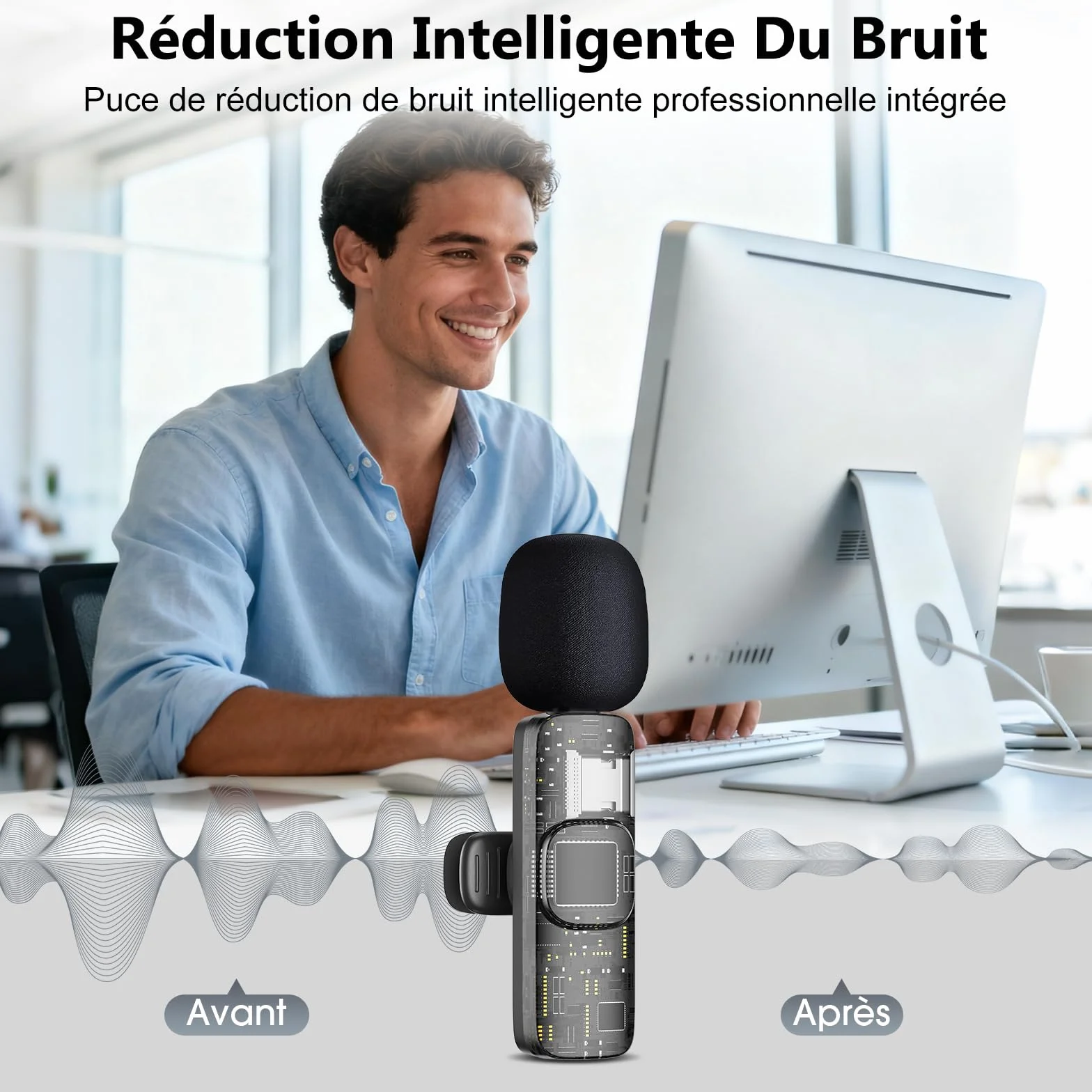 Micro Cravate sans Fil 4 en 1 pour iPhone Téléphone Caméra Ordinateur - Mini Microphone à Pince avec Filtres Anti-Pop pour Enregistrement Vidéo