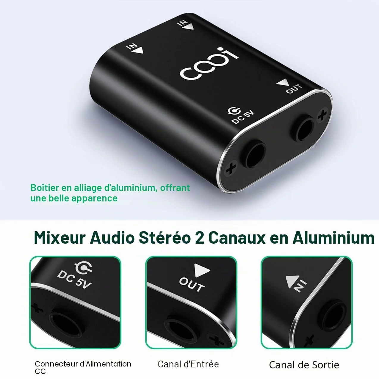 Cooidea 2 Channel Stereo Audio Mixer Coquille en Métal Interface AUX 2 Entrées 1 Sortie Mini Mélangeur Stéréo