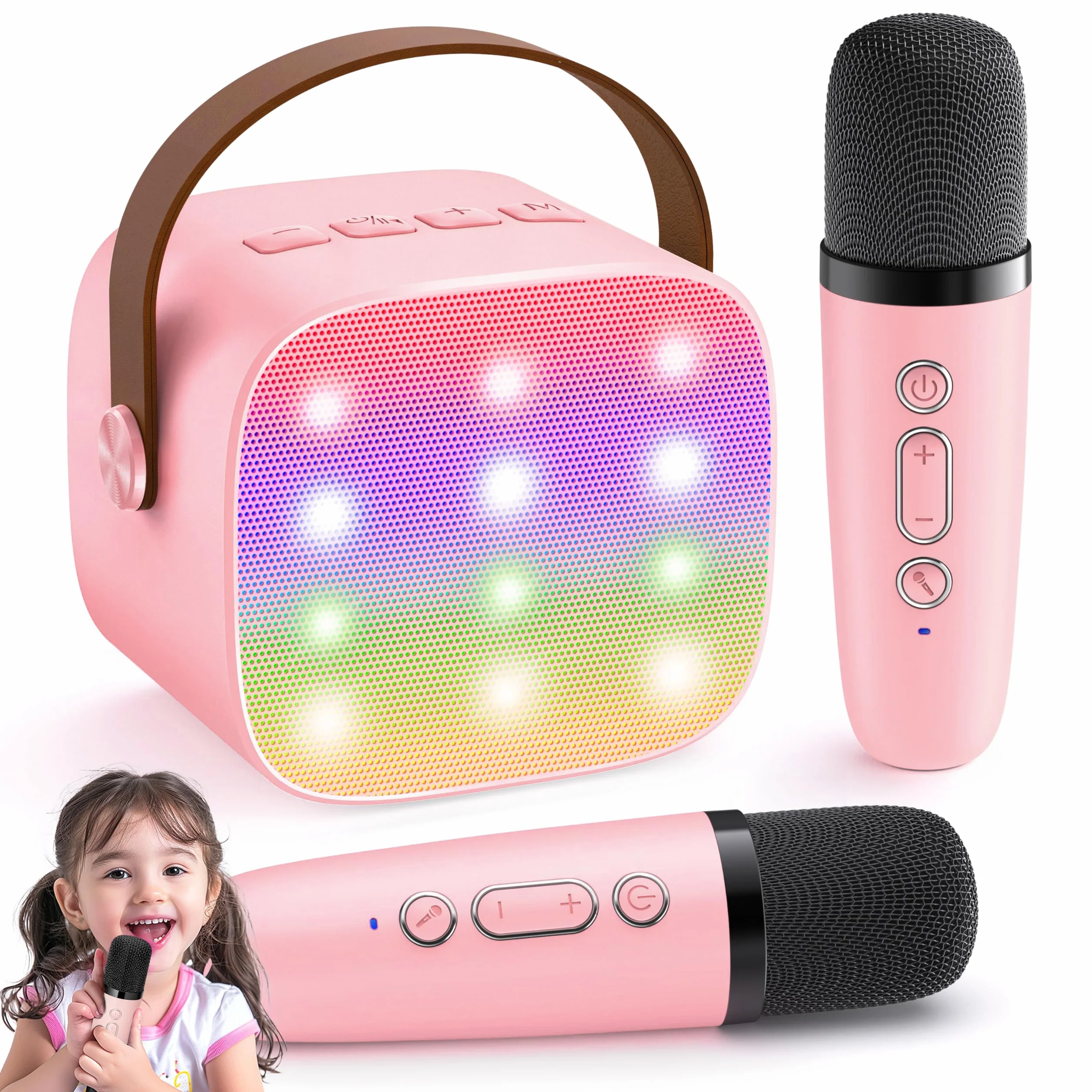 Ankuka Karaoke Enfants avec 2 Micro sans Fil Portable, Voix Change LED Lumière HiFi Mini Microphone Rose