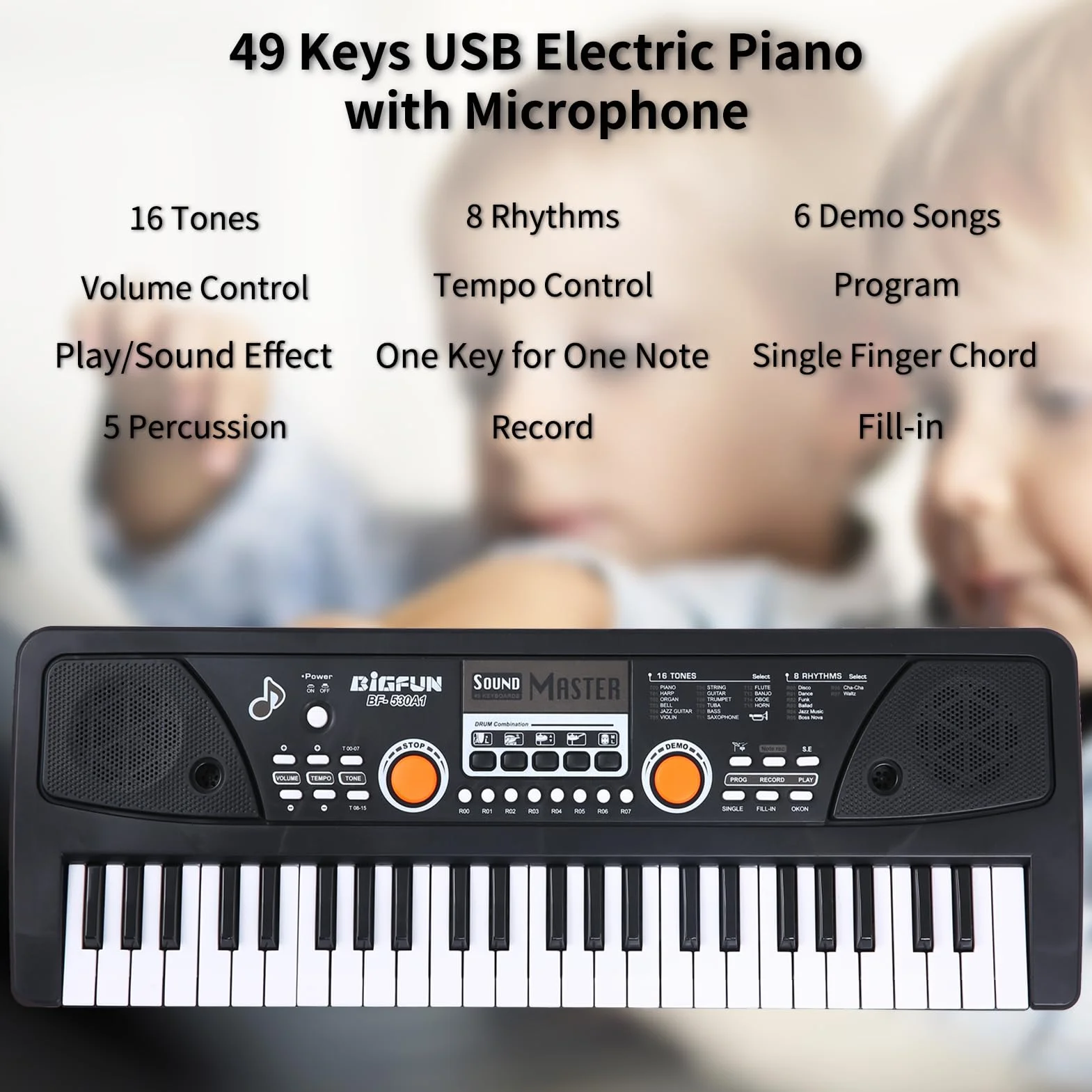 USB Orgue Électronique Piano Électrique 49 Touches avec Microphone Noir Haut-parleurs Stéréo Intégrés 16 Tons 8 Rythmes