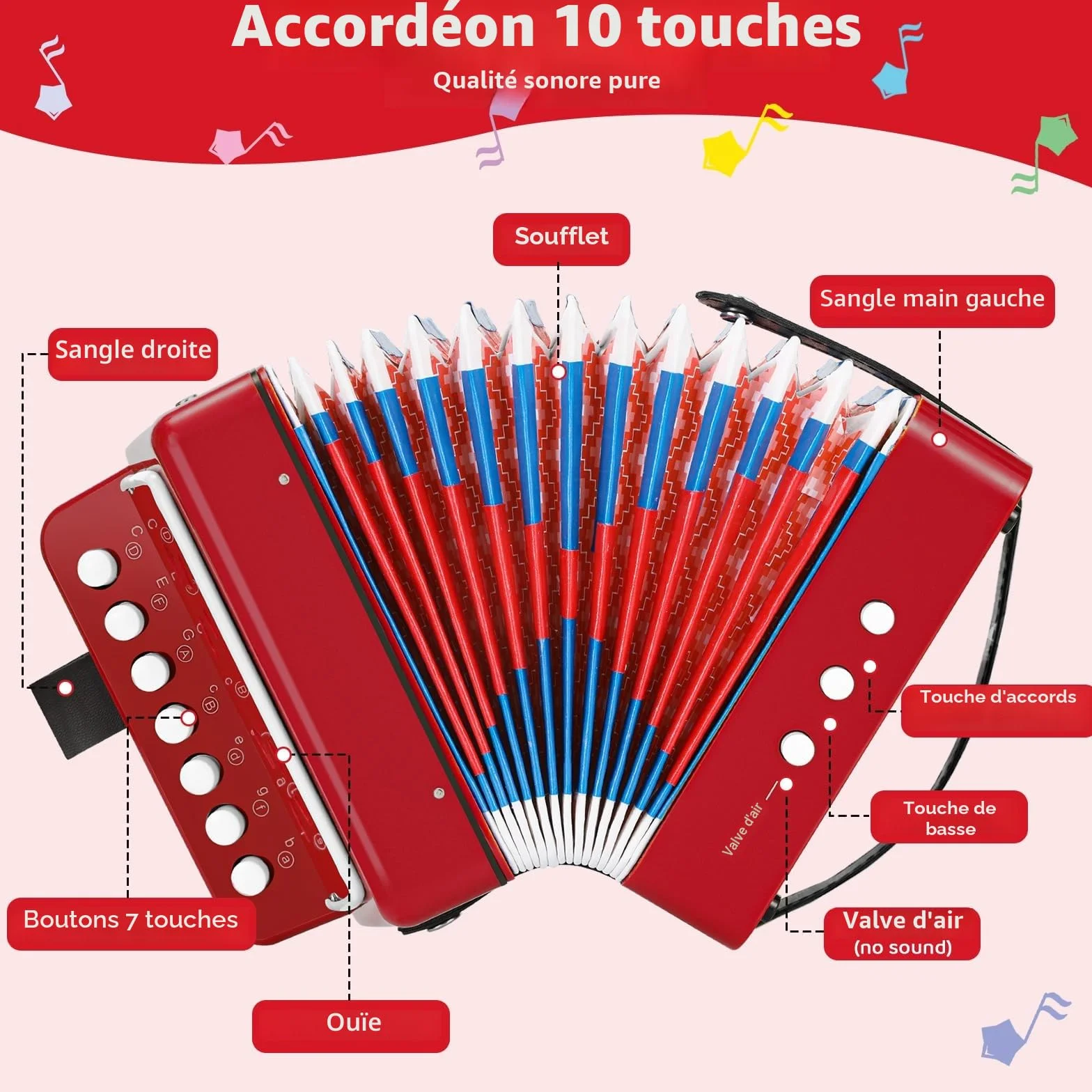 Accordéon pour Enfant 10 Touches avec Sangles, Instrument de Musique Débutants, Rouge