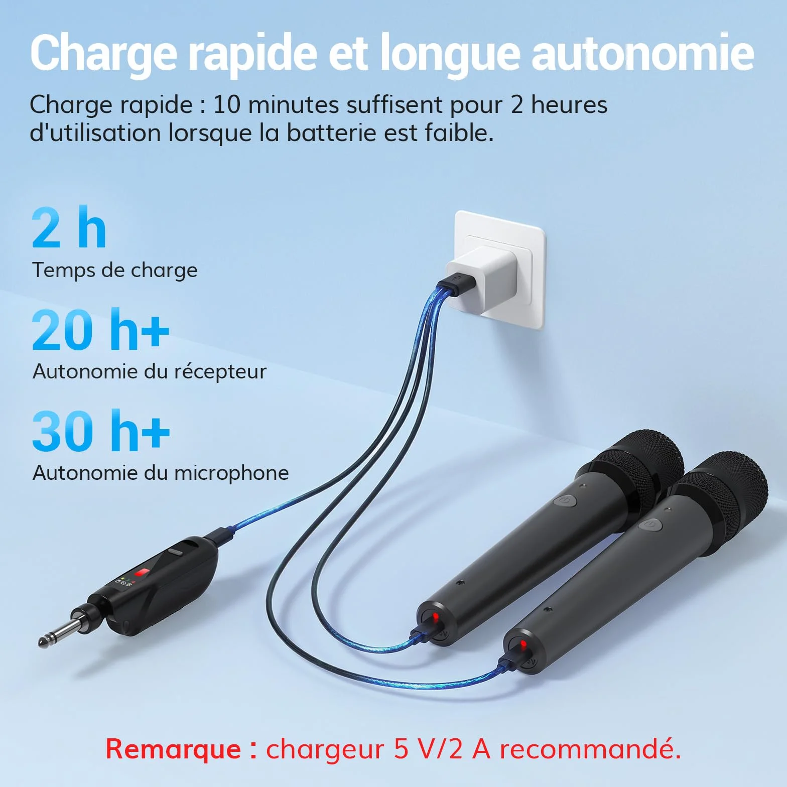 TONOR Microphones Dynamiques sans Fil 2.4GHz Rechargeables, Système Double Micro à Main avec Récepteur, Autonomie 30H pour Karaoké