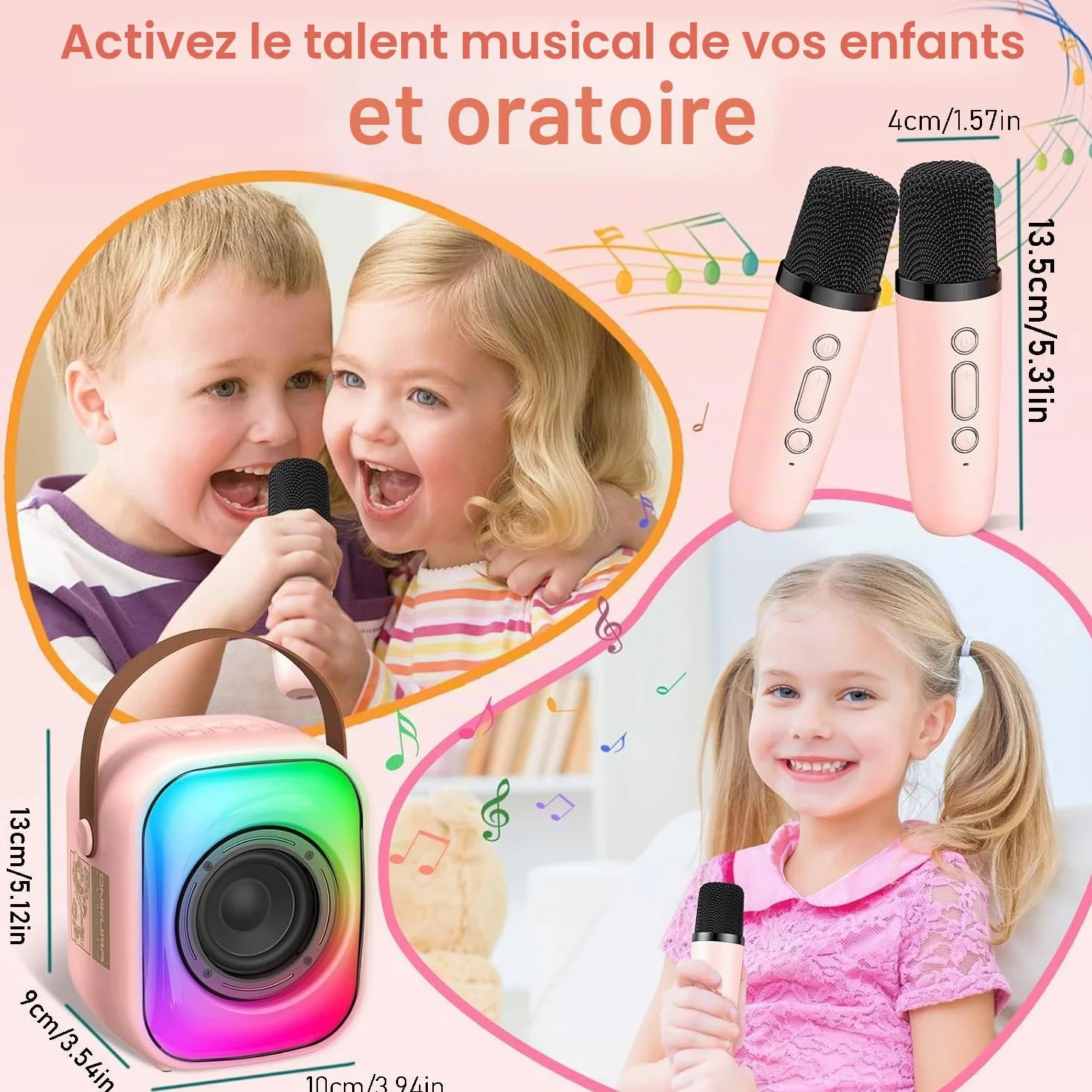 PHNIXGAM Mini Machine de karaoké Bluetooth avec Deux Microphones sans Fil et LED Rose