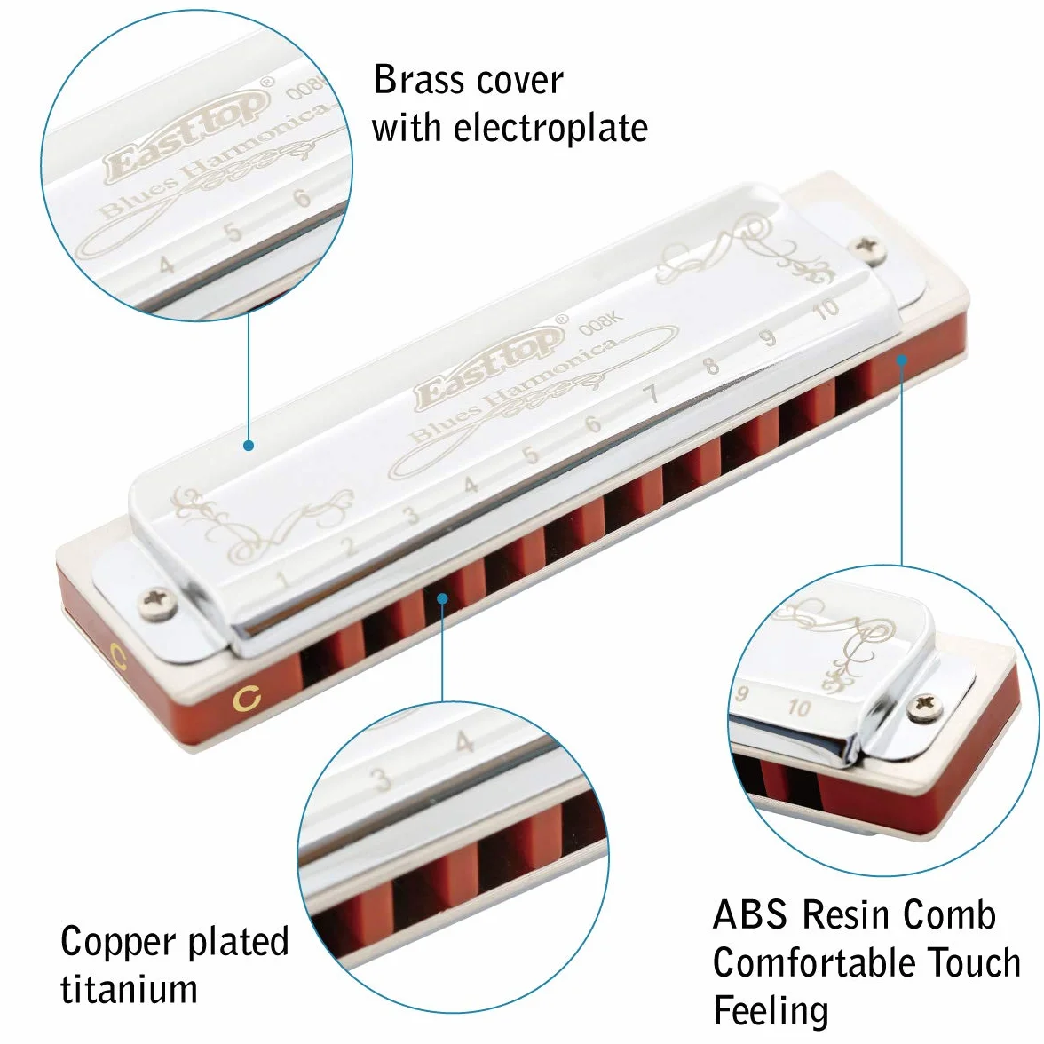 East top Harmonica diatonique en C 10 trous 20 tons T008K avec étui