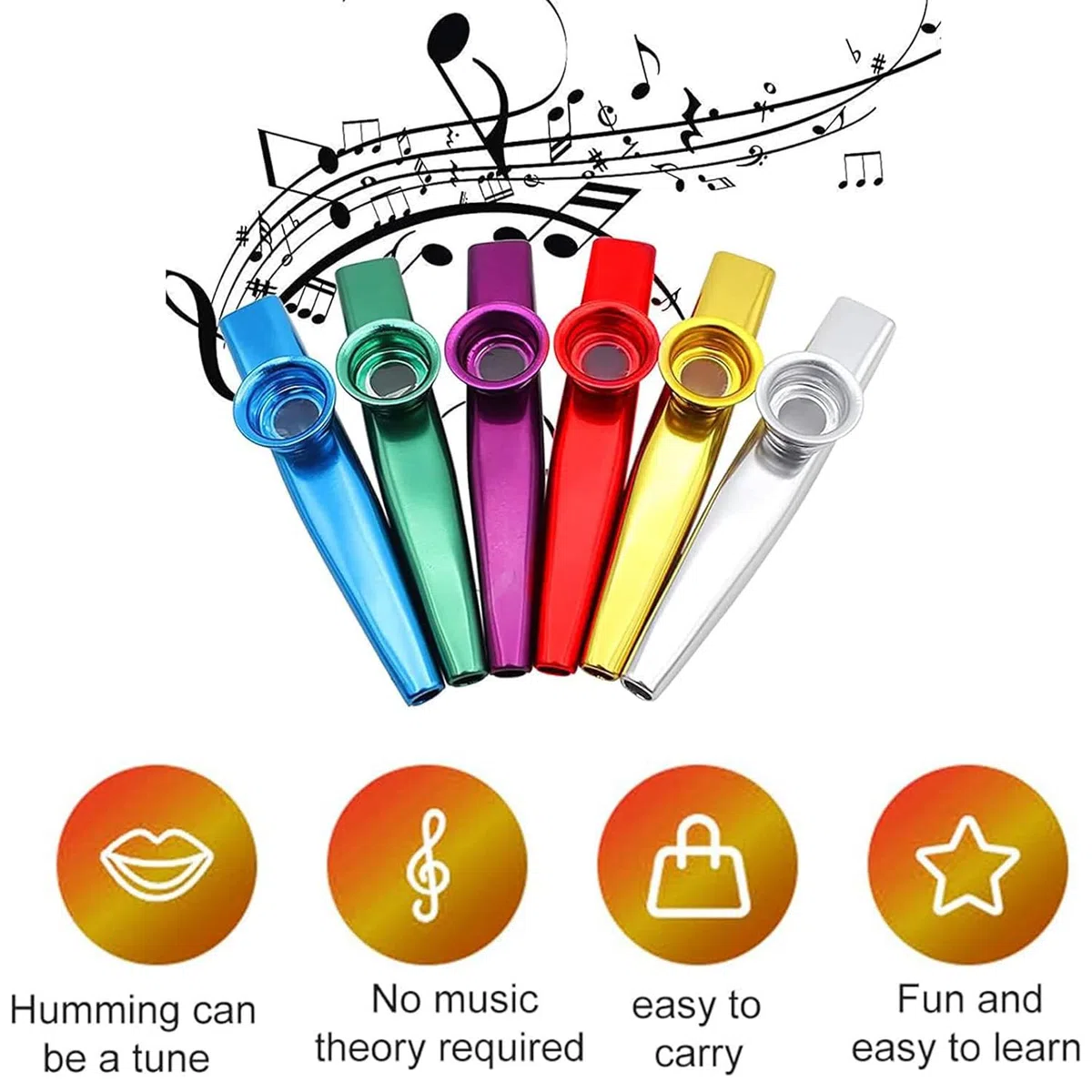 6 Pièces Kazoo en Alliage d'Aluminium avec 12 Membranes - 6 Couleurs Métal pour Accompagnement de Guitare ou d'Harmonica - Instrument pour Enfants, Amateurs et Débutants en Musique