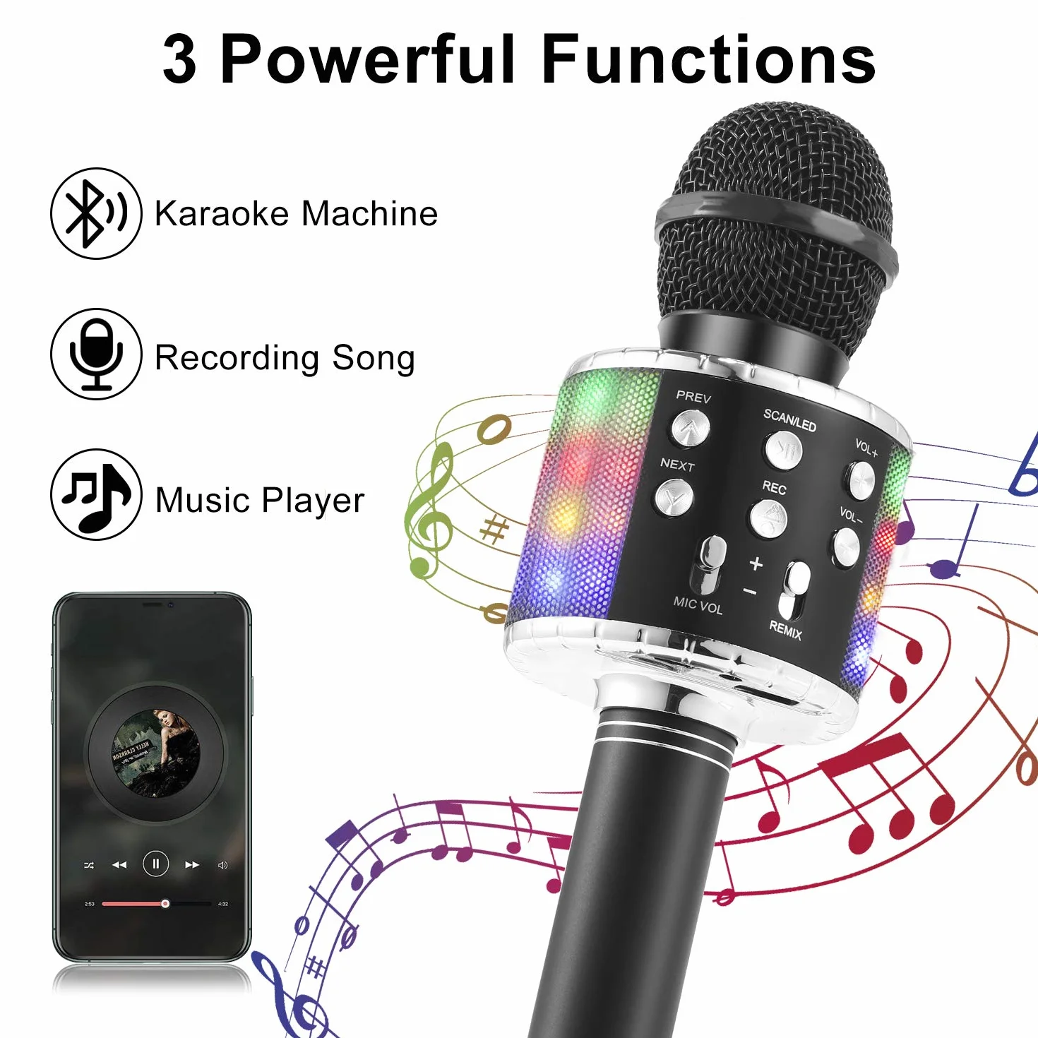 Fede Microphone Karaoké sans Fil Bluetooth LED Multicolore Portable Haut-Parleur pour Enfants Adultes Chanter Compatible Android iOS PC
