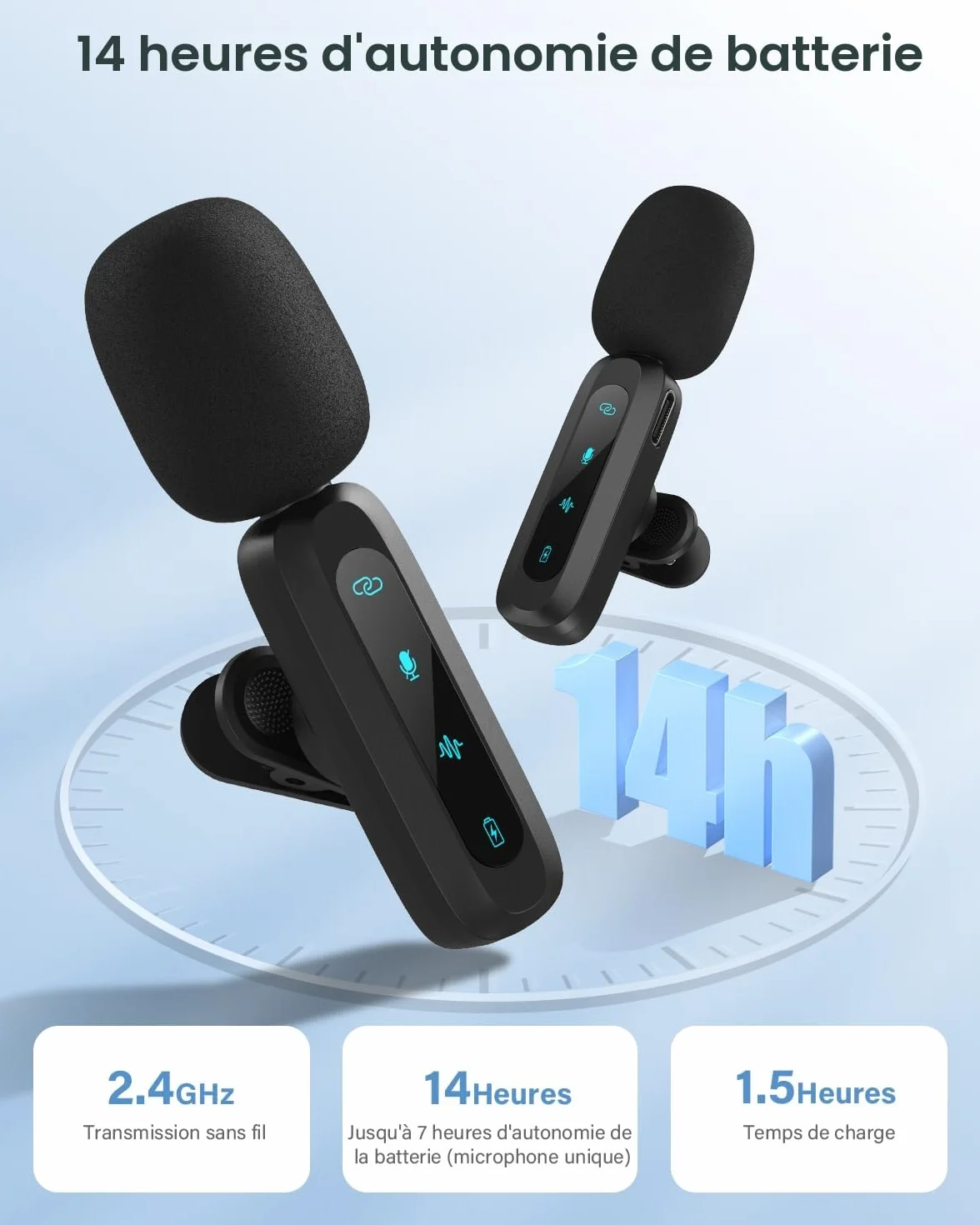 Microphone Lavalier sans Fil 2-Pack pour iPhone iPad Android avec Réduction du Bruit